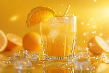 A glass filled with a vibrant orange drink and ice cubes sits on a yellow surface, surrounded by fresh oranges.の素材