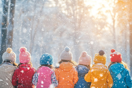 Brightly dressed children stand in a line, facing a snow-covered forest. Soft snowflakes fall around them, illuminated by gentle sunlight filtering through the trees.の素材