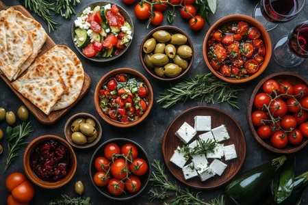 Colorful assortment of Mediterranean ingredients includes cherry tomatoes, olives, feta cheese, and fresh herbs on a rustic surface. Flatbreads accompany the vibrant display.の素材