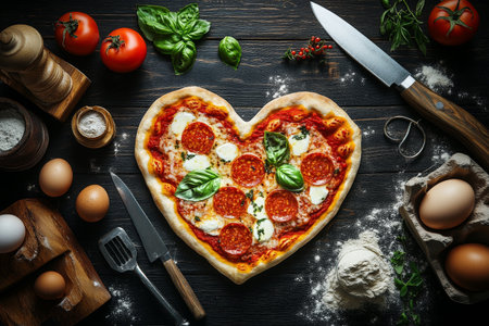 Heart-shaped pizza topped with pepperoni, fresh basil, and mozzarella surrounded by tomatoes, eggs, and kitchen tools on a wooden table in a cozy kitchen setting.の素材