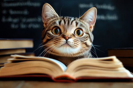 A curious cat with big eyes sits attentively in front of an open book in a cozy study. Books line the shelves, and warm light fills the room, creating an inviting atmosphere.の素材