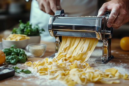 A person is using a pasta machine to roll and cut fresh dough into fettuccine in a cozy kitchen. Fresh herbs and vegetables surround the workspace, enhancing the culinary atmosphere.の素材