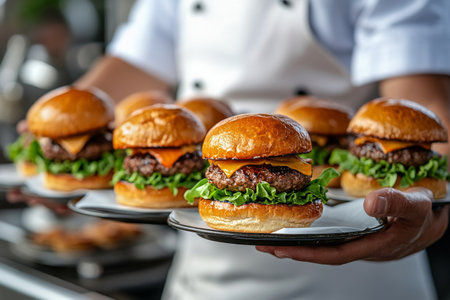 A chef presents a selection of gourmet burgers on plates, featuring crispy lettuce and melted cheese, in a lively restaurant kitchen during lunch hour.の素材