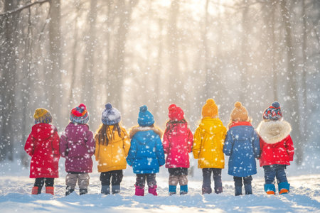 Brightly dressed children stand in a line, facing a snow-covered forest. Soft snowflakes fall around them, illuminated by gentle sunlight filtering through the trees.の素材