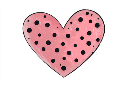 Graphic of a heart shape filled with pink color and black polka dots, perfect for use in art, crafts, or digital designs that require playful elements.の素材