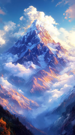 A towering mountain with steep, snow-covered slopes stands majestically above a sea of fluffy clouds under a bright blue sky.の素材