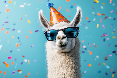 A llama wearing stylish sunglasses and a festive party hat enjoys a cheerful atmosphere surrounded by colorful confetti falling from above, perfect for a celebration.の素材