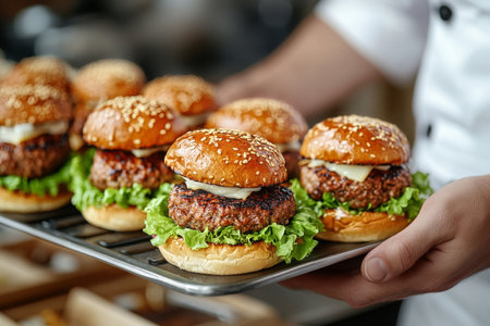 A chef presents a selection of gourmet burgers on plates, featuring crispy lettuce and melted cheese, in a lively restaurant kitchen during lunch hour.の素材