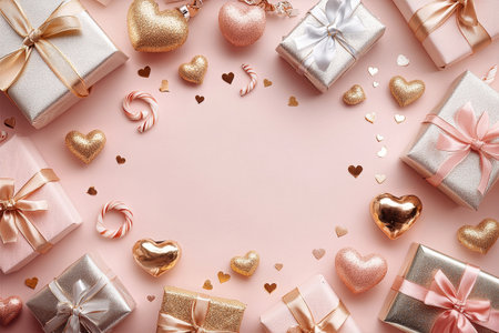 Colorful gift boxes and glittery hearts are artfully arranged on a pink background, surrounded by decorative ribbons and sparkling stars, perfect for a festive occasion.の素材