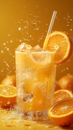 A tall glass filled with a sparkling orange drink, ice cubes, and orange slices is surrounded by whole oranges. The vibrant yellow backdrop enhances the refreshing appeal.の素材