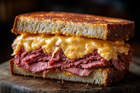A delicious sandwich features multiple layers of tender corned beef topped with melted cheese, served on hearty whole grain bread, garnished with fresh herbs.の素材