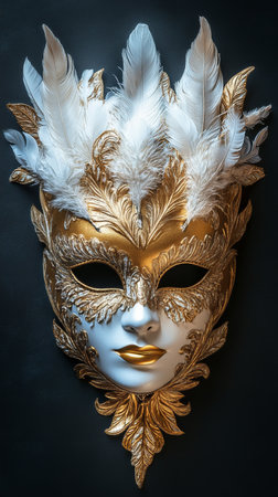 Intricately designed Venetian mask features gold embellishments and white feathers, creating an eye-catching and luxurious appearance against a dark backdrop.の素材