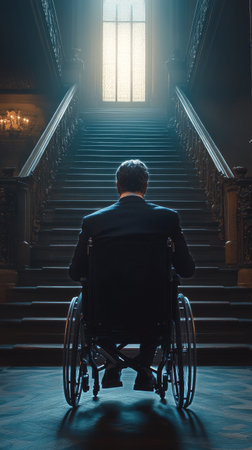 A man sits in a wheelchair, facing a majestic staircase. The room is dimly illuminated by soft light filtering through a large window, creating an atmospheric mood.の素材
