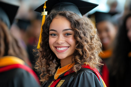 A joyful young graduate with curly hair celebrates her achievement. Wearing a cap and gown, she stands among fellow graduates in a crowded indoor venue, radiating happiness.の素材