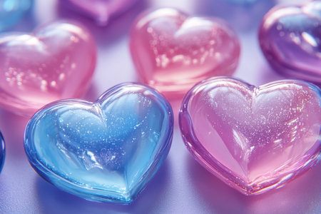 Heart-shaped decorations in vibrant pink and blue hues are elegantly arranged on a smooth surface, adding a cheerful touch to any celebration or event.の素材
