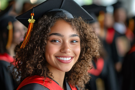 A joyful young graduate with curly hair celebrates her achievement. Wearing a cap and gown, she stands among fellow graduates in a crowded indoor venue, radiating happiness.の素材