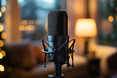 A microphone stands on a desk in a warm, inviting room illuminated by soft lighting. The atmosphere suggests a creative space perfect for recording.の素材