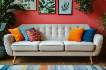 A stylish sofa with a light fabric is complemented by colorful cushions in shades of orange and blue.の素材