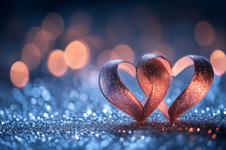A glittering heart-shaped decoration shines brightly with warm lights. It sits on a soft, sparkling surface surrounded by a dreamy bokeh effect, creating a romantic atmosphere.の素材