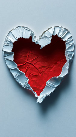 A heart shape emerges from torn white paper, revealing a bold red interior. This artistic representation symbolizes love and creativity, perfect for design inspiration and craft ideas.の素材