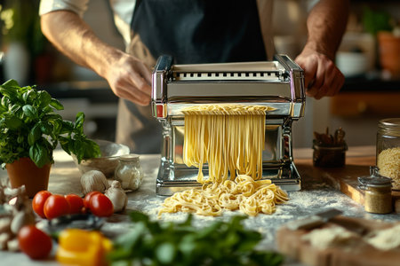 A person is using a pasta machine to roll and cut fresh dough into fettuccine in a cozy kitchen. Fresh herbs and vegetables surround the workspace, enhancing the culinary atmosphere.の素材