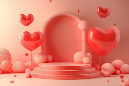 A whimsical arrangement large features red hearts, fluffy spheres, and an elegant archway set against a soft pink background, perfect for a romantic event or celebration.の素材