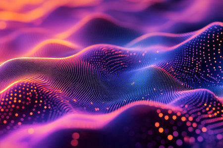 Vibrant waves of color create a mesmerizing abstract landscape with intricate textures and patterns, illustrating a dynamic digital environment filled with energy.の素材