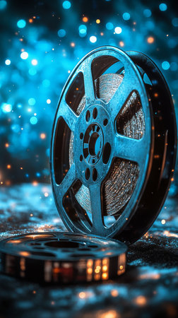A vintage film reel rests on a surface, while colorful lights sparkle around it, creating a captivating atmosphere. The scene highlights the allure of cinematic history.の素材