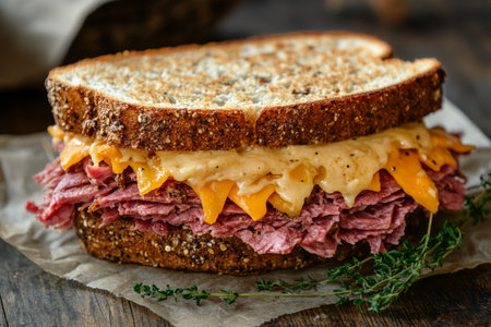 A delicious sandwich features multiple layers of tender corned beef topped with melted cheese, served on hearty whole grain bread, garnished with fresh herbs.の素材