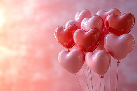 Bright heart-shaped balloons in various shades of pink and red are gathered together, perfect for decorating events, parties, or romantic gatherings.の素材