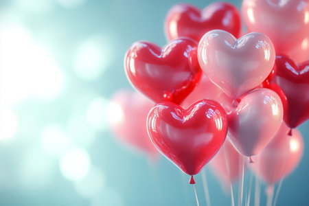 Heart-shaped balloons in shades of red and pink float gently against a soft blue background, creating a cheerful ambiance ideal for celebrations of love and friendship.の素材
