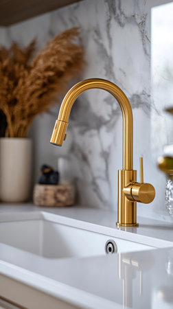A sleek gold faucet stands prominently over a white sink in a contemporary kitchen. Decorative items and a marble backdrop create an elegant atmosphere, perfect for modern living.の素材
