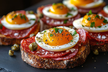 Open-faced sandwiches are topped with slices of soft boiled eggs, ham, capers, and herbs, showing vibrant colors and textures perfect for brunch or snack time.の素材