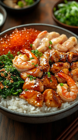 A delicious bowl features shrimp, grilled chicken, and sauted vegetables over a bed of rice, garnished with green onions and sesame seeds, served in an inviting restaurant.の素材