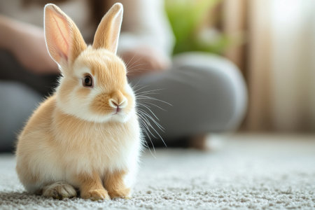 A fluffy rabbit with light brown fur relaxes on a plush carpet, surrounded by a warm and inviting living room ambiance. Sunlight filters through, creating a cozy atmosphere.の素材