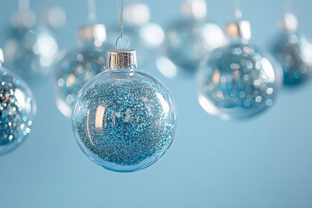 Decorative blue ornaments sparkle with glitter, suspended delicately in mid-air.の素材