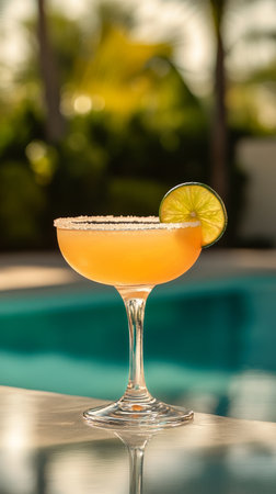 A vibrant cocktail sits elegantly in a glass with a salted rim and a lime slice, surrounded by a serene pool setting under the bright sunlight.の素材