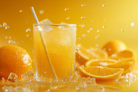 A glass filled with a citrus beverage sits on a table, ice cubes and splashes creating a refreshing look. Bright oranges surround the drink, all set against a lively yellow backdrop.の素材