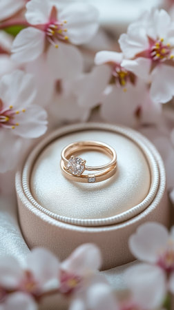 Wedding rings gleam in a soft light, resting on a delicate cushion amidst vibrant cherry blossoms. The gold and diamond bands create a romantic atmosphere perfect for celebrations.の素材