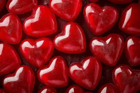 Colorful heart-shaped candies in vibrant red arranged closely together to create a festive atmosphere for celebrations and special occasions, evoking joy and love among participants.の素材