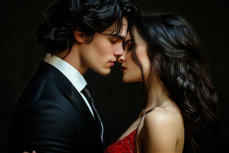 A couple stands closely together, forehead to forehead, sharing an intimate moment. They wear formal attire, reflecting romance and sophistication in a softly lit environment.の素材