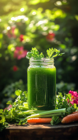 A glass jar filled with vibrant green smoothie sits on a wooden surface, surrounded by fresh vegetables. Sunlight filters through greenery, creating a warm, inviting atmosphere.の素材