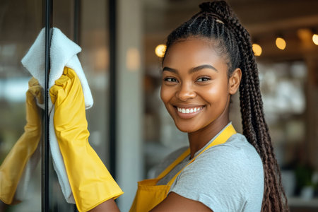 A lively young woman wearing yellow gloves smiles while cleaning a window in a trendy cafe. Sunlight illuminates her features, showcasing her cheerful demeanor and focus.の素材