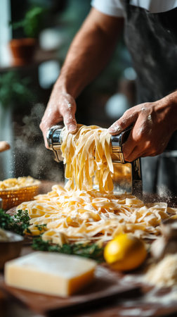Hands press fresh dough through a pasta machine, creating strands of tagliatelle in a cozy kitchen. Various ingredients surround, highlighting the art of pasta making.の素材