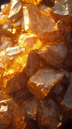 A collection of vibrant golden crystals showcases their natural brilliance, reflecting light beautifully. The crystals vary in size and shape, creating a captivating visual effect.の素材