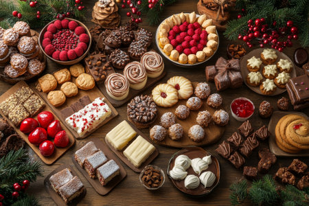 A vibrant spread of various desserts, including cakes, chocolates, and cookies, showcases holiday treats arranged on a wooden table decorated with greenery.の素材