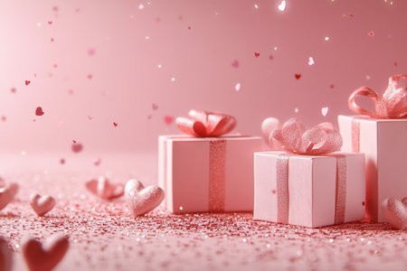 Colorful pink presents are arranged with shimmering hearts and confetti, creating a festive atmosphere perfect for celebrating love and affection during Valentines Day.の素材