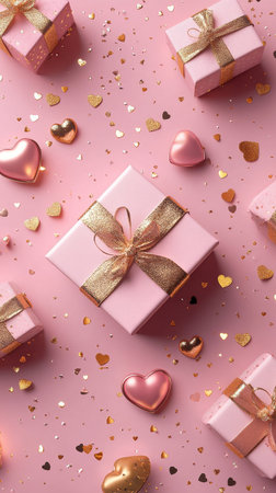 Gift boxes with gold ribbons, heart-shaped ornaments, and golden confetti create a festive atmosphere for a celebration or special occasion.の素材