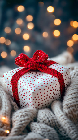 A beautifully wrapped gift featuring red polka dots and a matching ribbon sits atop a soft knit blanket. Warm bokeh lights create a festive atmosphere perfect for the holiday season.の素材
