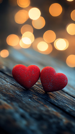 Two glittery red hearts sit side by side on a rustic wooden surface, surrounded by warm, softly glowing bokeh lights that create a romantic atmosphere in the evening.の素材